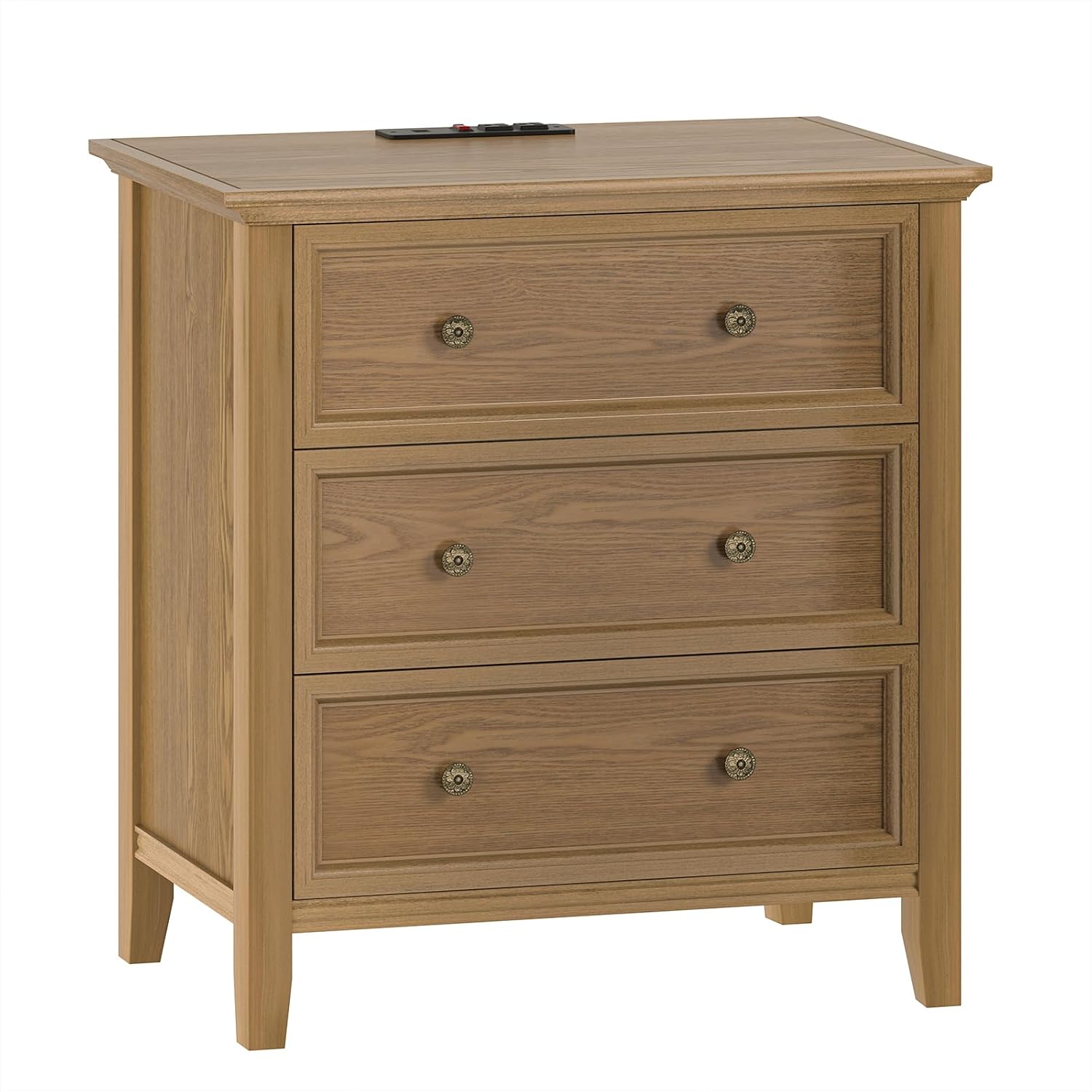 IKENO Solid Wood Nightstand with 3 Drawers and Power Outlet, Tall Bedside Cabinet 16.8" D x 27.6" W x 26.8" H, Single Unit for Bedroom, Teak