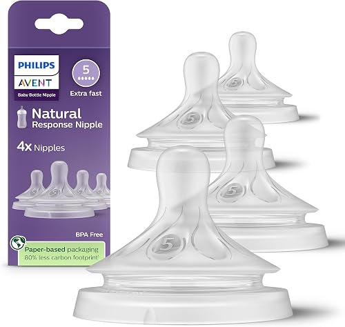 Natural Response Nipple Flow 5, 4 pack | Baby-Controlled Flow, No-Drip Design, Anti-Colic Valve, Wide Breast-Shaped Nipple, BPA-Free, 4-Pack, SCY965/44