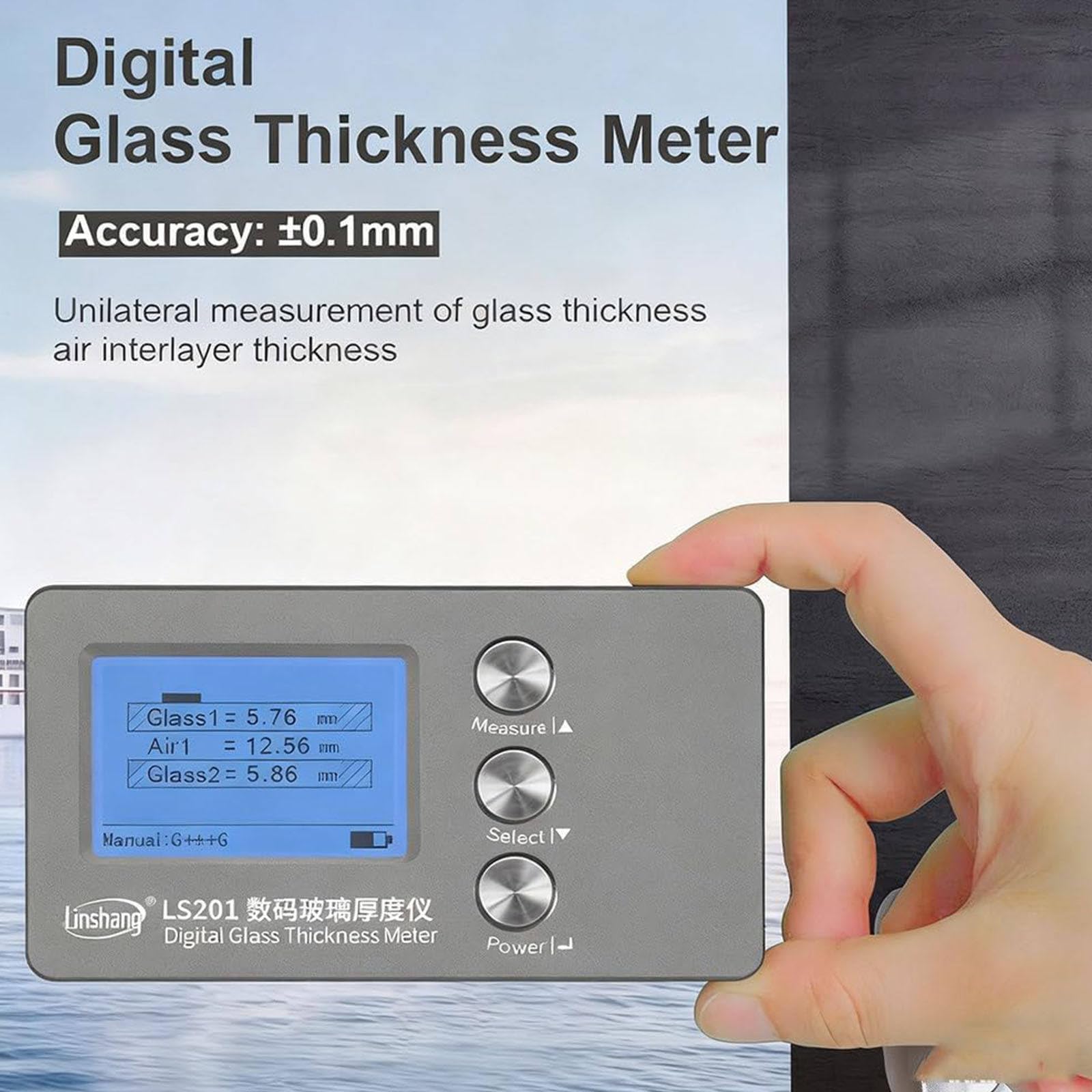 Misuratore Digitale di Spessore del Vetro Tester per Vetro Cavo a Doppio Strato, Misura Spessore Fino a 70 Mm, Intercalare Aria 45 Mm, Precisione ± 0,1 Mm, Ideale per Finestre Isolate