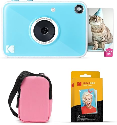 Kodak Printomatic+ Paquete de inicio de cámara digital de impresión instantánea + funda de transporte (rosa) + papel fotográfico Zink con parte