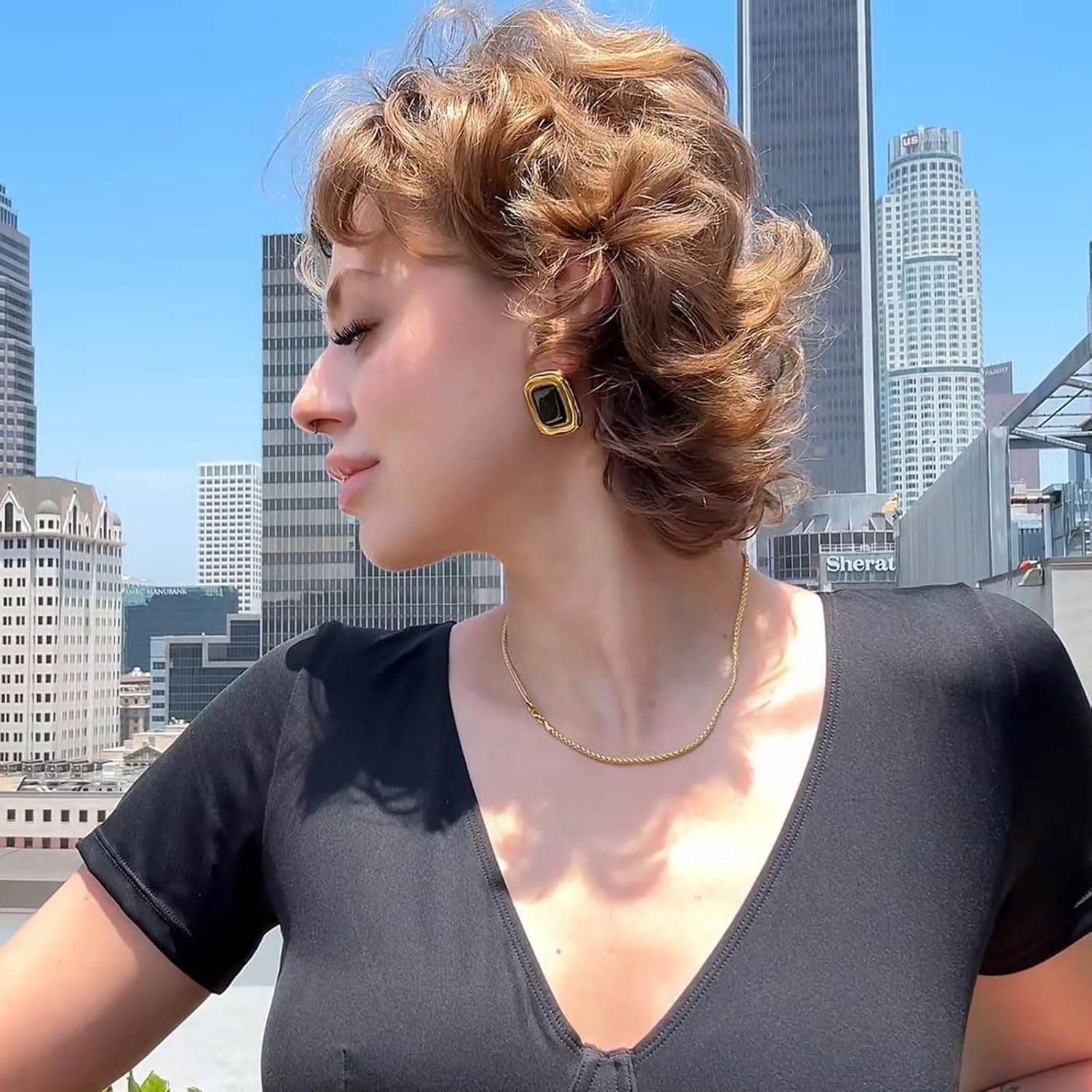 Chunky Gold Earrings Vintage Square Earrings Women Black and Gold Statement Earrings 18K Gold Stud Non Tarnish Stainless Steel - Image 7