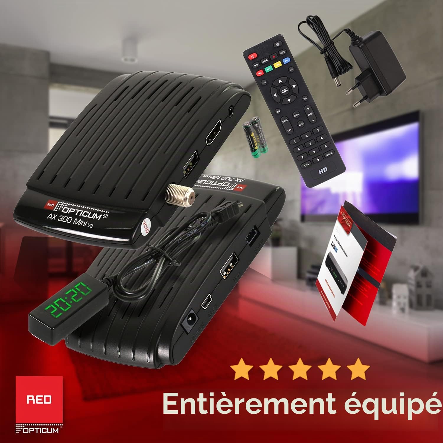 RED OPTICUM AX 300 Mini V3 avec Fonction d'enregistrement PVR - Récepteur Satellite HD numérique/capteur IR Externe avec écran/Alimentation 1080p Full HD/USB/HDMI/12V Noir