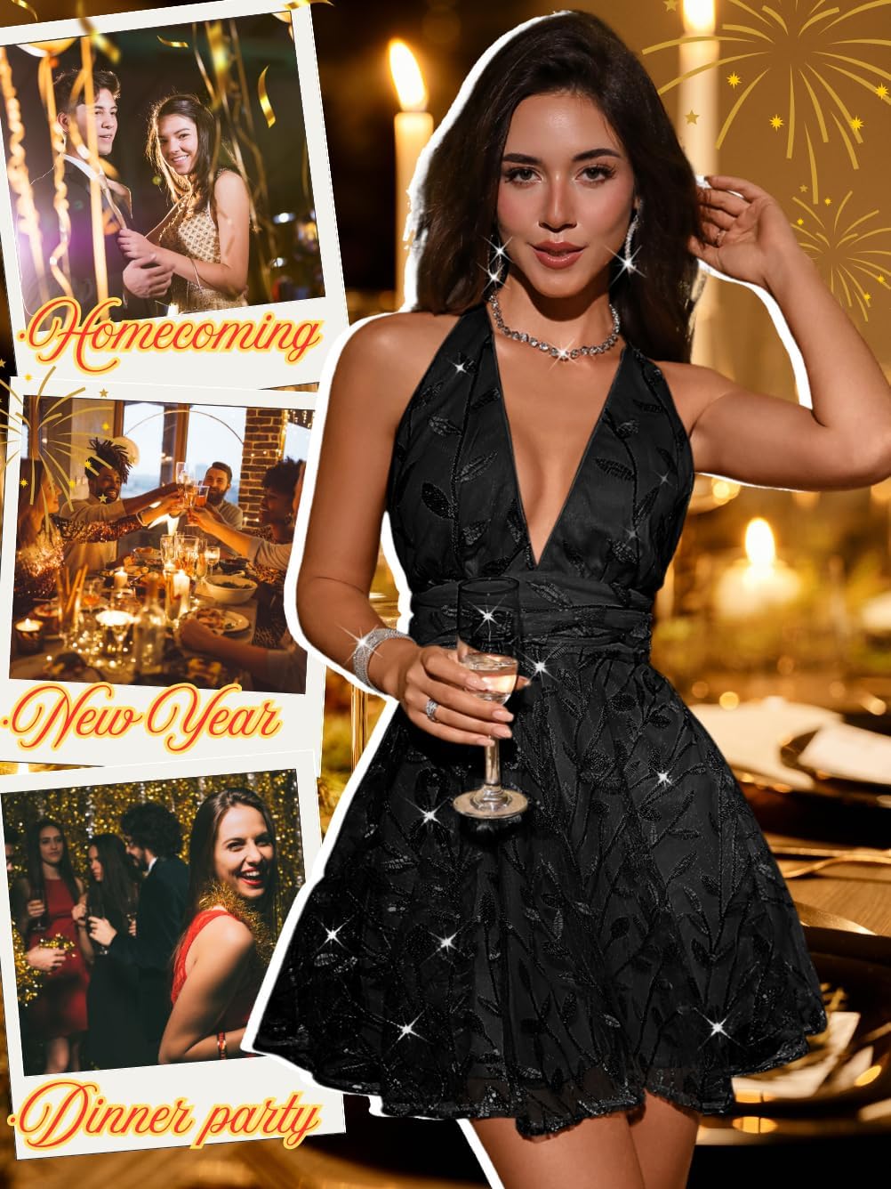 Floral Sequin Dress,Deep V Backless Sexy Mini Dresses for Women,Sparkly Outfits Homecoming Party - Image 2