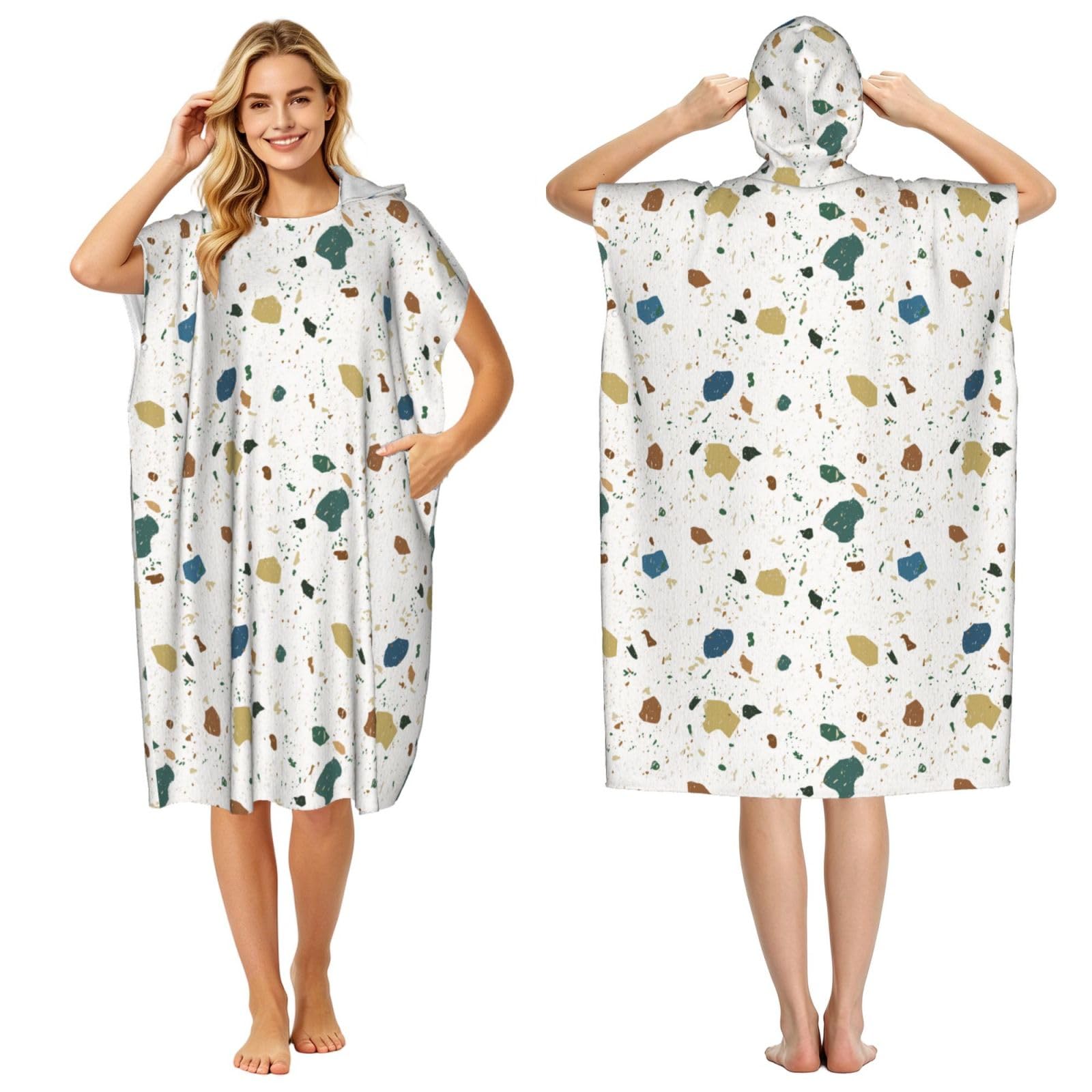 Poadnly Terrazzo Seamless Patterns Classic Italian Marble, Adult Hooded Beach Towel 90 x 110 cm,Changing Bath Robe, Surf Poncho Towel For Women Men