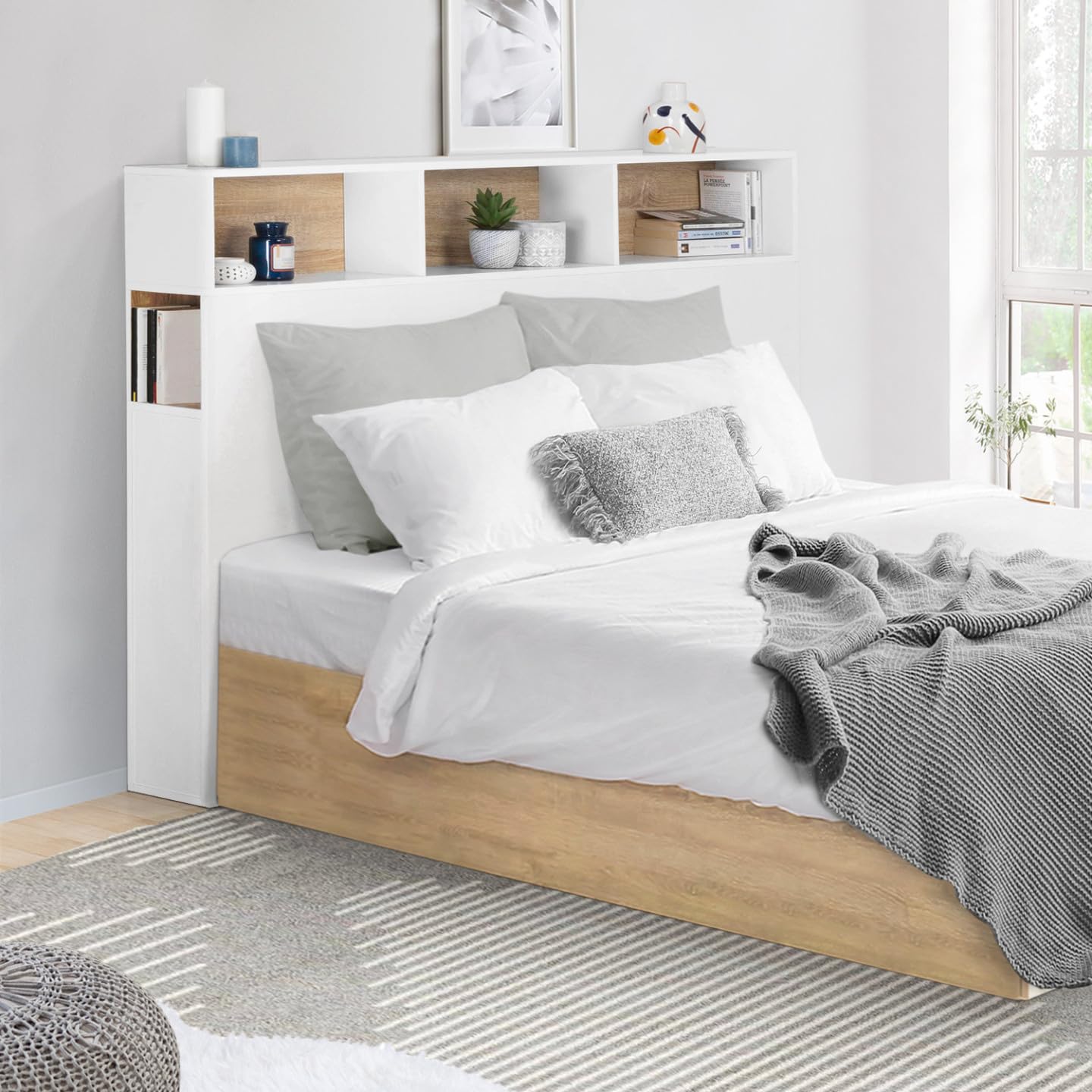 IDMarket - Tête de lit sur Pied Cleo 145 cm avec rangements fermés et niches Blanc et façon hêtre