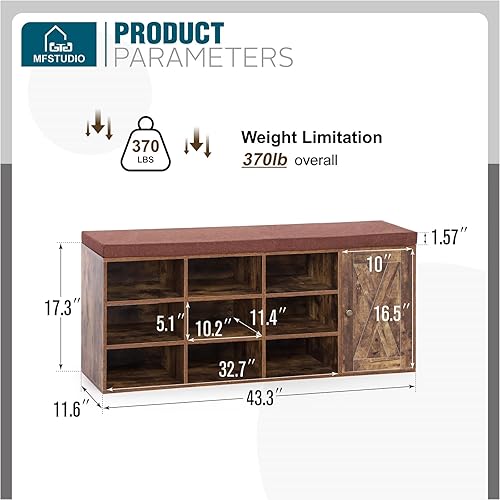 Miniatura 2 de MFSTUDIO Banco de almacenamiento de zapatos, banco de zapatos con armario de puerta de granero, 9 compartimentos abiertos, cojín de asiento,