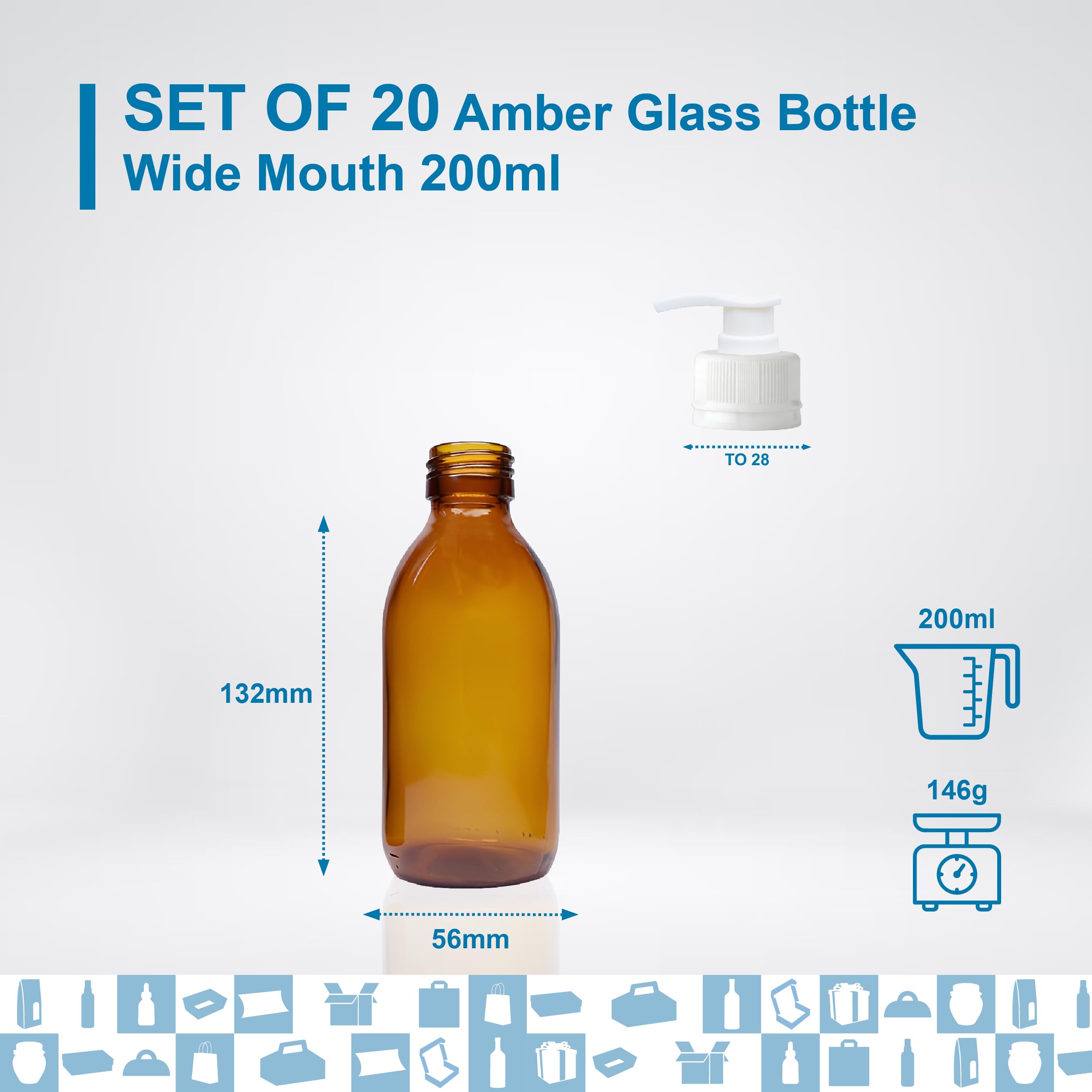 Espirito Rebelde 20x Botella de cristal ámbar de 200 ml con tapa de bomba dosificadora - Botella para aceites esenciales, cosméticos, productos para el baño, dispensador de jabón - Skincare