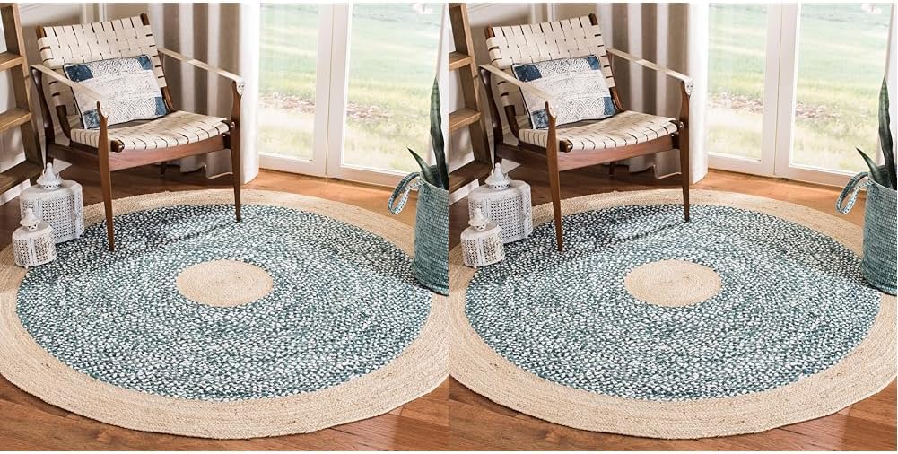 SAFAVIEH Cape Cod Collection Area Rug - 5' Round, Green & Natural, Handmade Braided Jute & Cotton, Ideal for High Traffic Areas in Living Room, Bedroom (CAP210Y)
