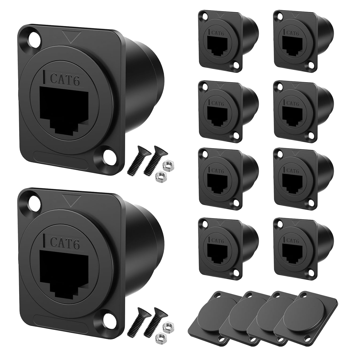 14PCS RJ45 D-Type Coupler and Panel-Mount Blank Plate Set，Pass Through Shielded RJ45 Panel Mount Connector, CAT6/CAT5E/CAT5 Female to Female LAN Network Bulkhead Pass Through Socket with Cap