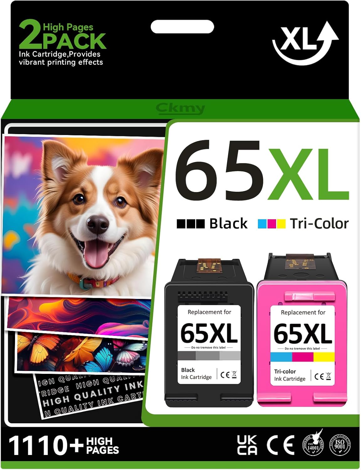 Remanufactured Ink Cartridge Replacement for HP 65XL, Tri-color, Black, 2 Pack