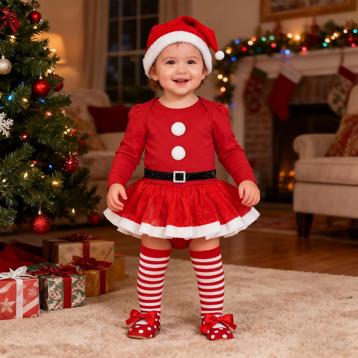 Yanmucy 4PCS Ensemble Robe Noël Bébé Fille Santa Claus Tutu Avec Chapeau, Leg Warmers Et Shoes - 0-18 Mois