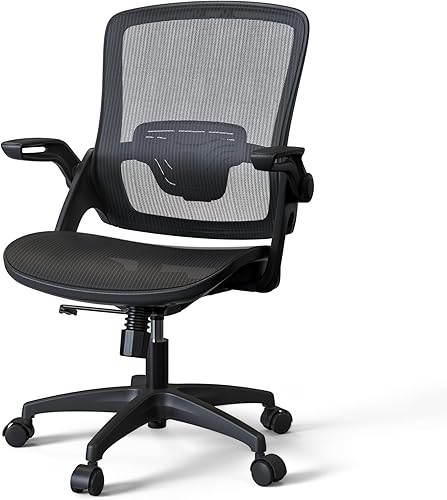 KOLLIEE Silla de oficina en casa de malla ergonómica giratoria con soporte lumbar ajustable, cómoda silla de computadora negra con brazos abatibles