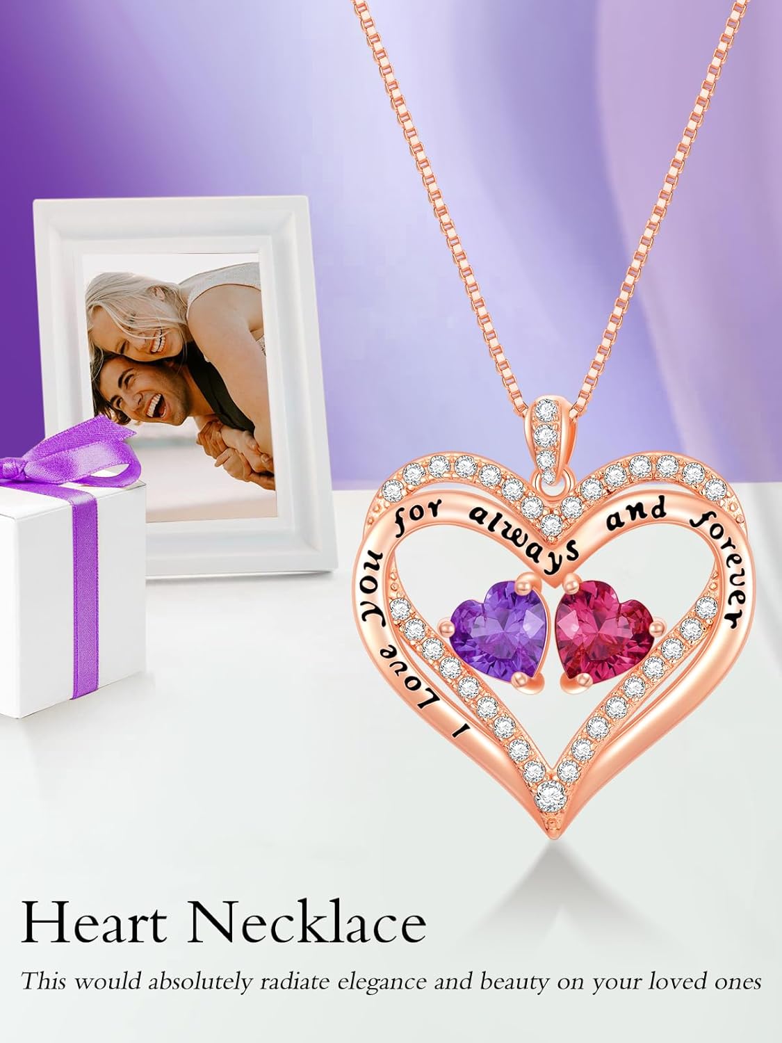 Heart Pendant Necklace I Love You for Always and Forever 12 Months Birthstone Necklace 18k Rose Gold Plated Double Heart Necklace Christams Valentine's Day, Mother's Day, Birthday - Image 4