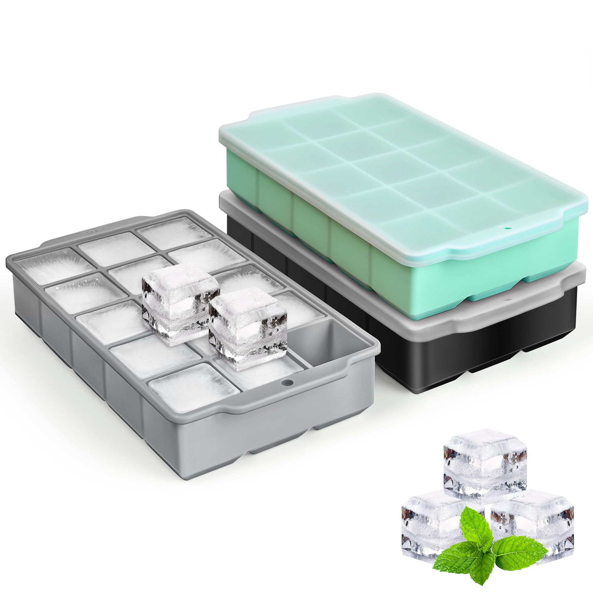 Silicone Ice Cube Tray with Lid, 3 Pack Easy-Release Flexible 15 Ice Cube Molds, Stackable Ice Trays for Freezer, Square Ice Maker Tray for Cocktail, Whiskey, Juice, Baby Food, BPA Free