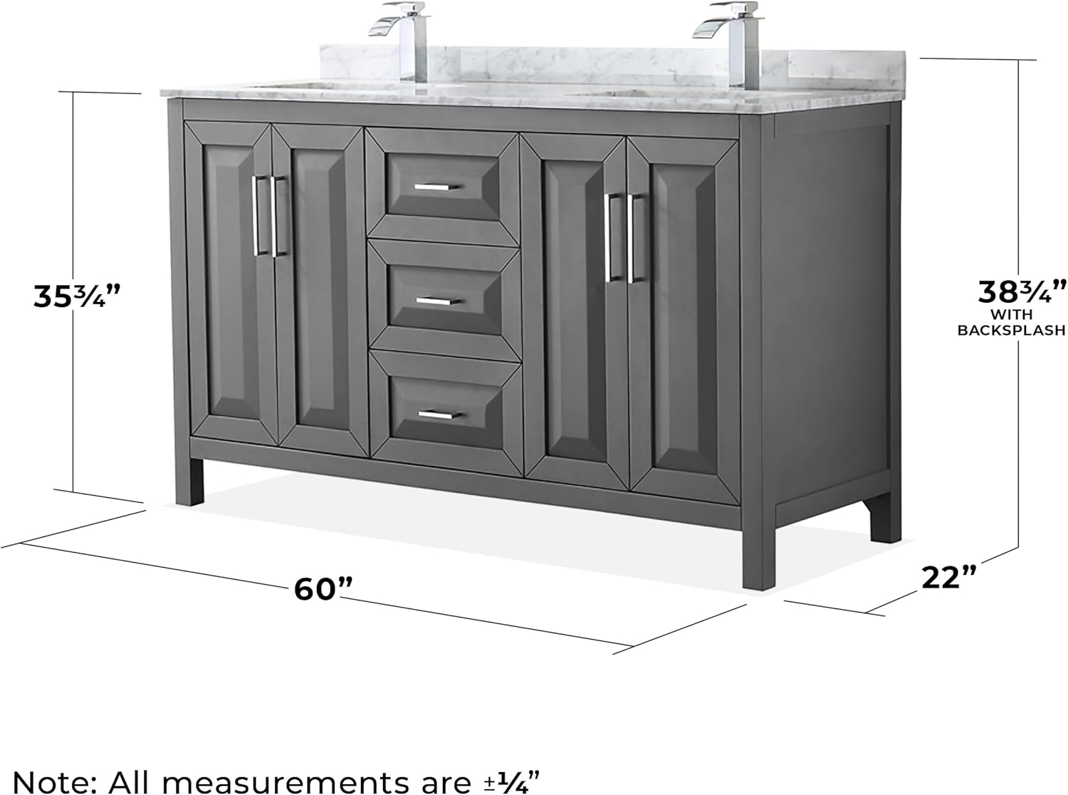 Wyndham Collection Daria 60 inch Double Bathroom Vanity in Dark Gray, White Carrara Marble Countertop, Undermount Square Sinks, and No Mirror