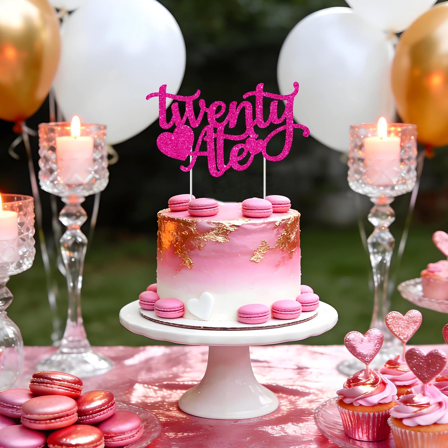 Hot Pink Glitter Twenty Ate Cake Topper, 28th Birthday Cake Decor with Heart Design and Adhesive Dots, Fun and Elegant Twenty Ate Themed 28th Birthday Party Decorations for Women, Adult