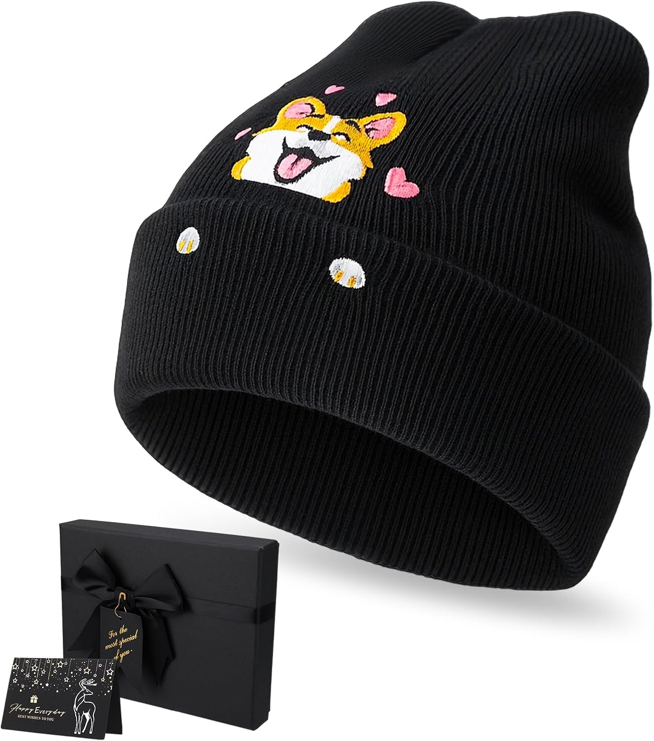 Corgi Dog Lover Beanie Winter Warm Cute Dog Embroidery Beanie with Greeting Card Gift Box for Women Men Gift - Image 3