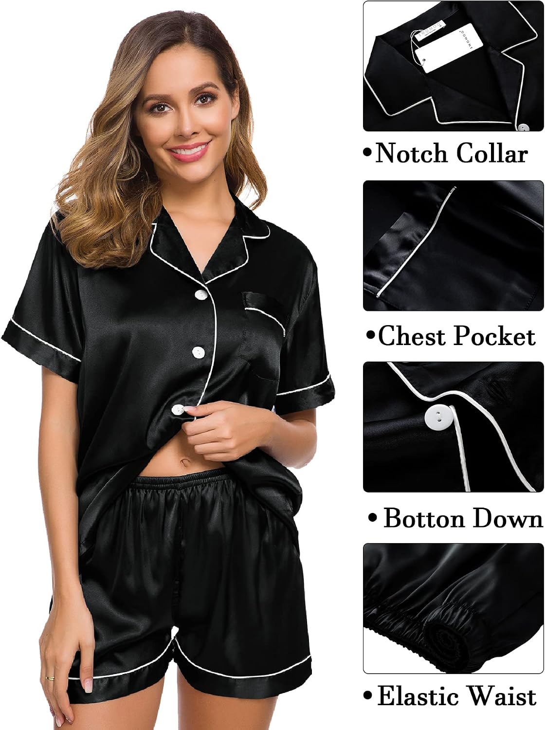 SWOMOG Womens Silk Satin Pajama Sets 3Pcs Button Down Pj Set Short Sleeve Sleepwear Loungewear Pjs Nightwear XS-XXL