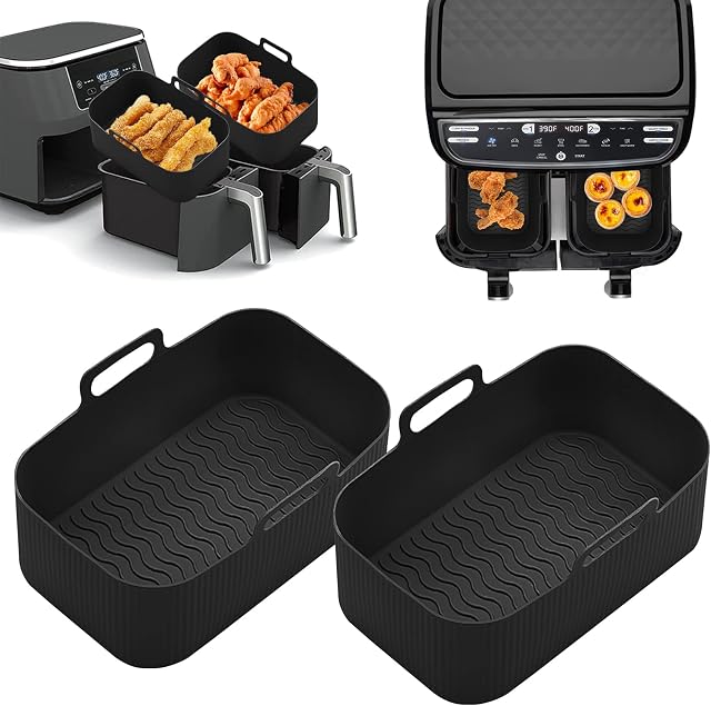 koitoy 2PCS Silicone Pot Air Fryer Liners for Ninjas Dual Air Fryer,Reusable Double Silicone Air Fryer Liner, Air Fryer Accessories Air Fryer Basket for Air Fryer, Oven, and Microwave (Black)