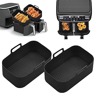 koitoy 2PCS Silicone Pot Air Fryer Liners for Ninjas Dual Air Fryer,Reusable Double Silicone Air Fryer Liner, Air Fryer Accessories Air Fryer Basket for Air Fryer, Oven, and Microwave (Black)