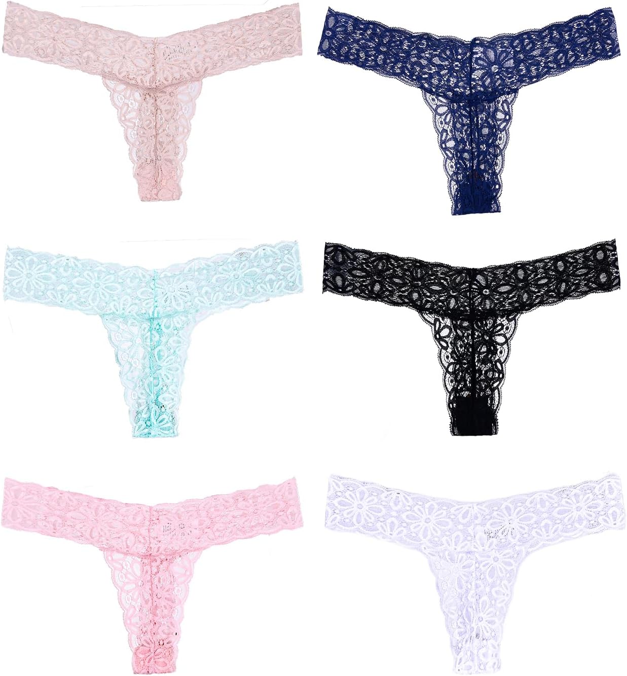 Women's Floral Lace Thong Panties, Low Rise, 6 Pack, Multicolor - Image 3
