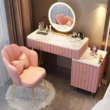 Inodoro - Mesa de Maquillaje Con Espejo LED y Taburete, 5 Cajones de Madera Maciza, Estación Con Silla de Terciopelo Para Dormitorio, Salón (Rosa, 100)
