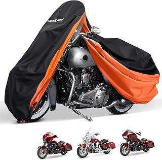 Upgraded Waterproof Motorcycle Cover with Side Box Compatible with Harley Davidson Touring Models Street Glide/Road Glide/Electra Glide/Honda, Outdoor All Weather Protection (107" x 43" x 50")
