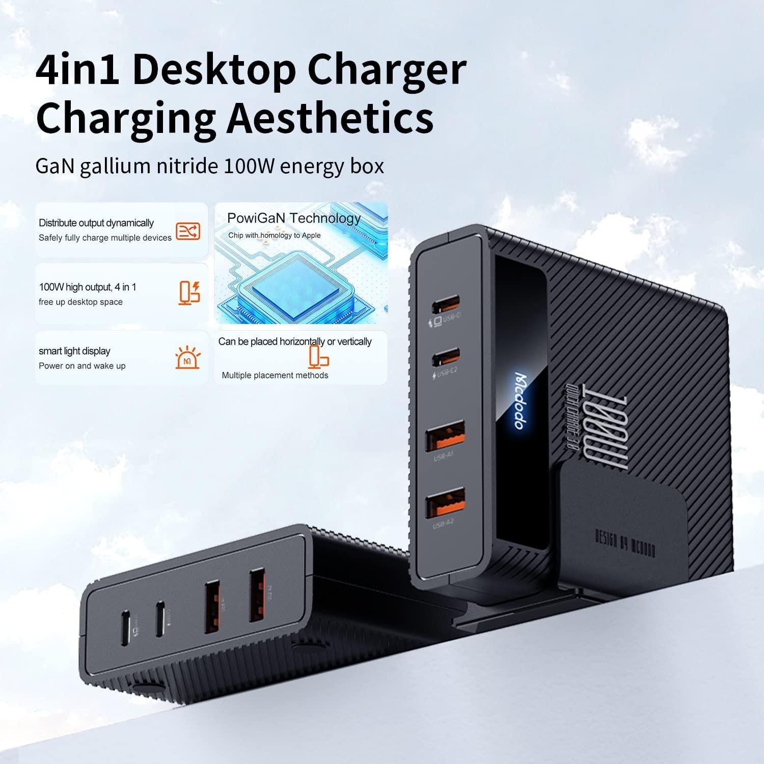 Mcdodo Caricatore USB C 100W Rapido a 4 Porte Con Cavo - GaN per iPad MacBook/Pro/Air, Lenovo, Dell, Phone, Samsung