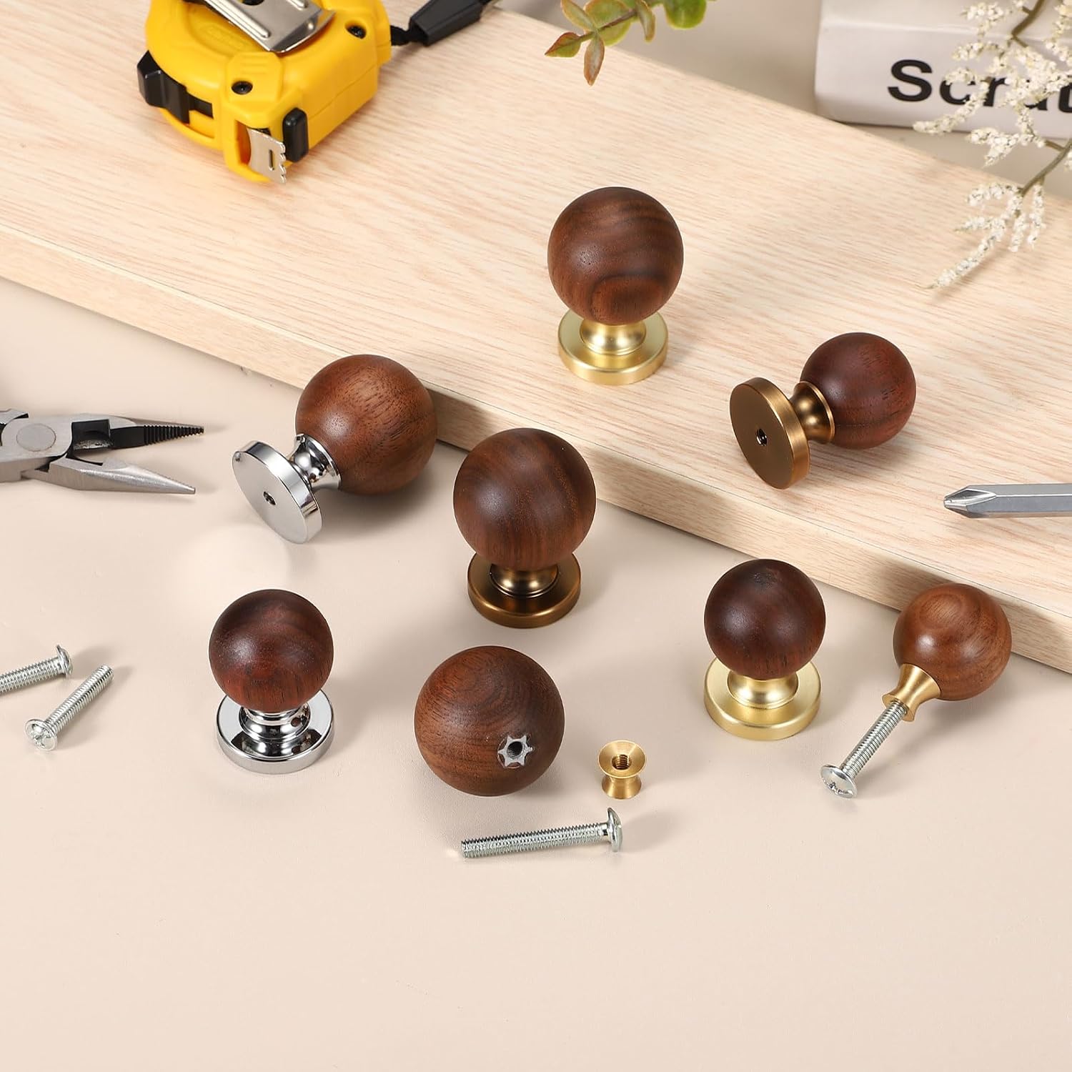 uxcell 2 Pcs Wood Cabinet Knobs, 1 Inch Round Single Hole Walnut Drawer Knobs Pulls with Copper Base for Furniture Closet Dresser, Brown Gold, 1.5"