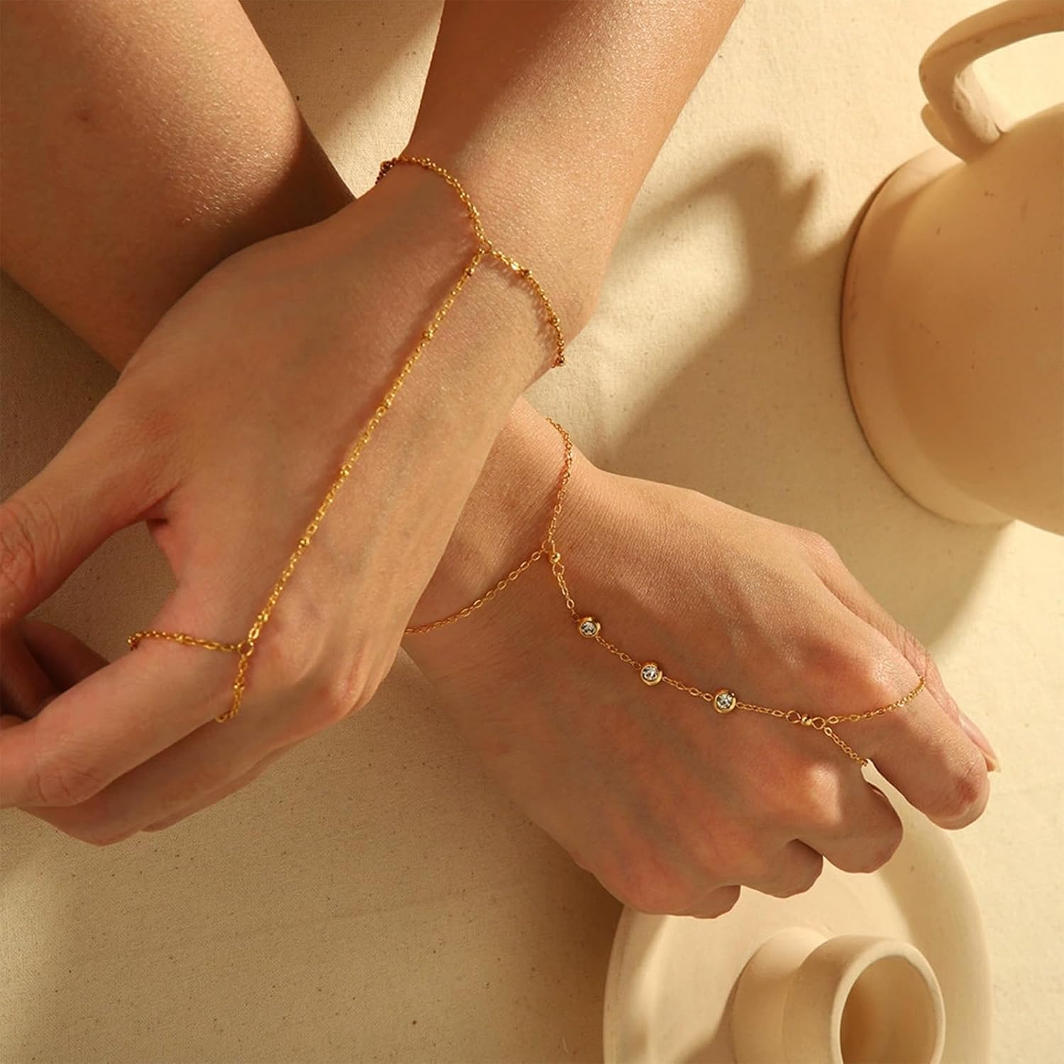 Hand Chain Bracelet for Women Trendy Dainty Gold Bracelets Stack for Women Adjustable Ring Bracelet Hand Chain Jewelry Stackable Beaded Cubic Zircon Link Bracelets Set - Image 2