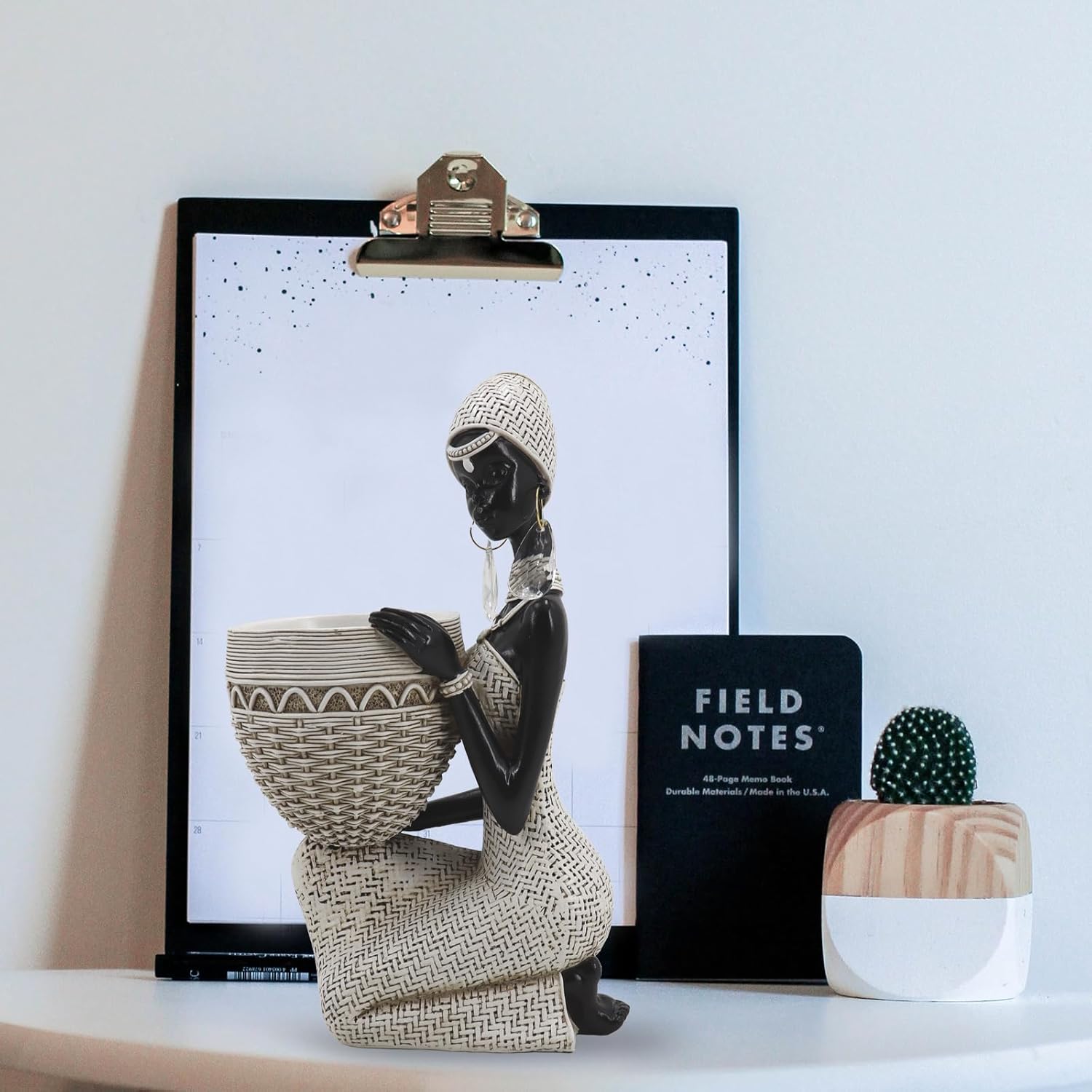 Handmade White African Tribal Woman Sculpture - Crystal Earrings & Basket Statue, Ivory Resin Home Decor for Modern Shelves/Tables, Elegant Housewarming Gift (9.65" H) - Image 5
