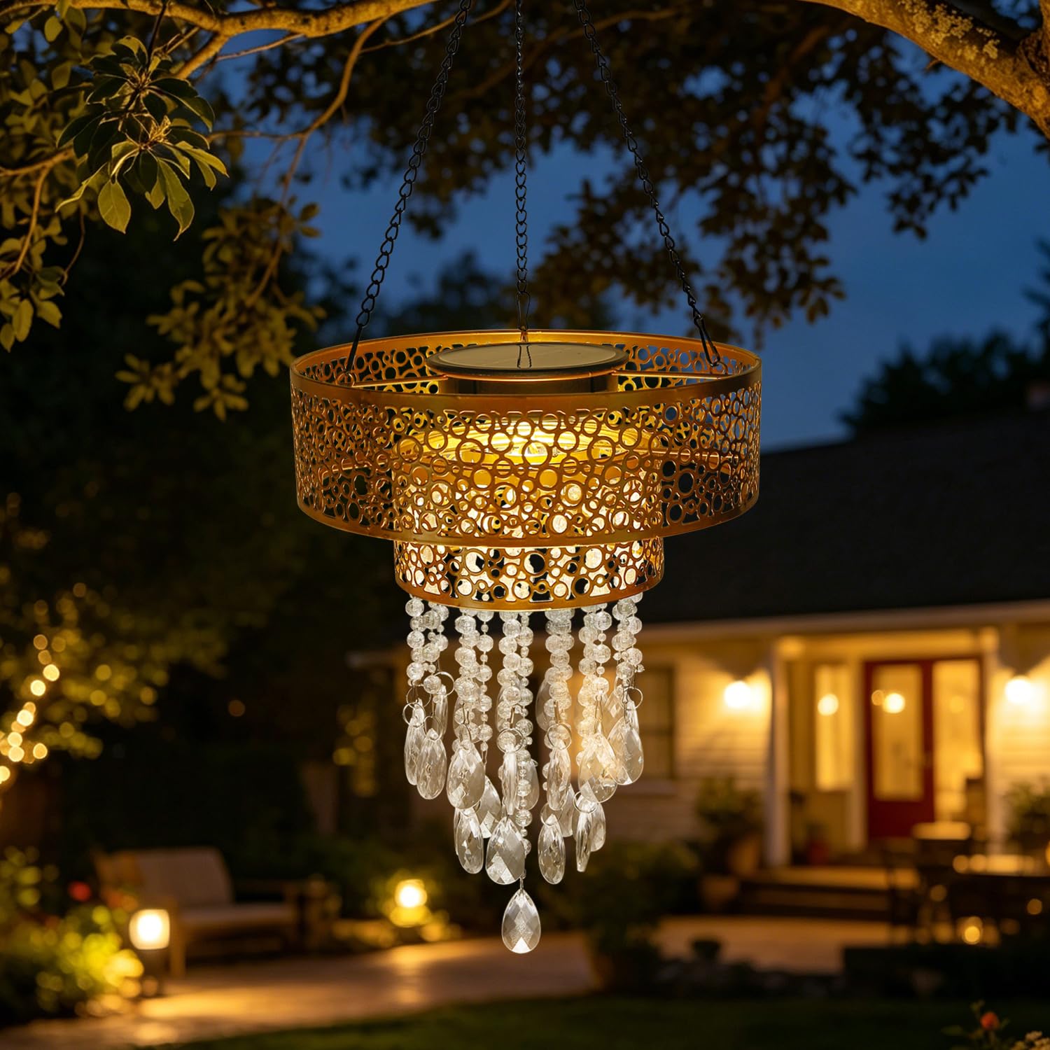 Solarlampen für Außen Solar Hängeampel mit Kristallperlen Gold Solar Laterne Garten Terrasse Balkon Outdoor Deko