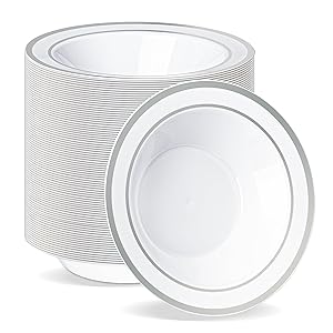 BESTVIP 100 Pack Plastic Disposable Soup Bowls, 12 oz White Dessert Bowls with Silver Rim, Heavy-duty Salad Bowl for Party, Wedding, Christmas, Thanksgiving, Dinner, Catering
