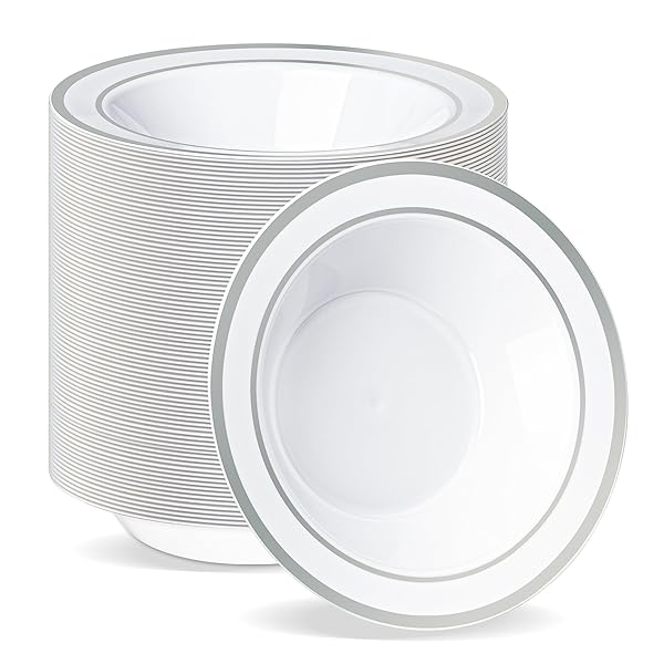 BESTVIP 100 Pack Plastic Disposable Soup Bowls, 12 oz White Dessert Bowls with Silver Rim, Heavy-duty Salad Bowl for Party, Wedding, Christmas, Thanksgiving, Dinner, Catering