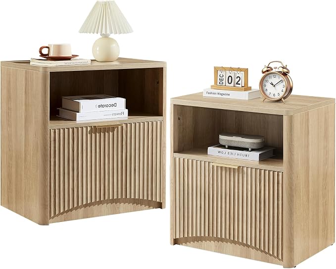 Fluted Nightstand Set of 2, Natural Oak Bedside Table