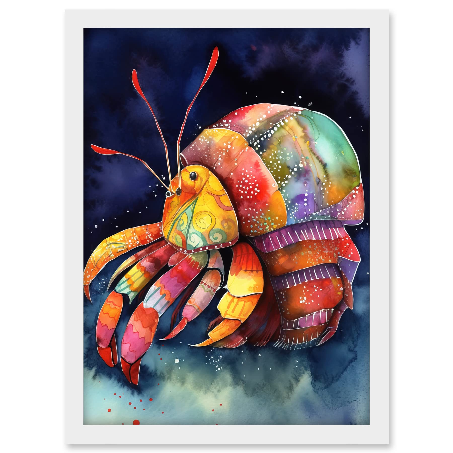 Artery8 Hermit Crab Vibrant Folk Art Watercolour Painting Artwork Framed A3 Wall Art Print