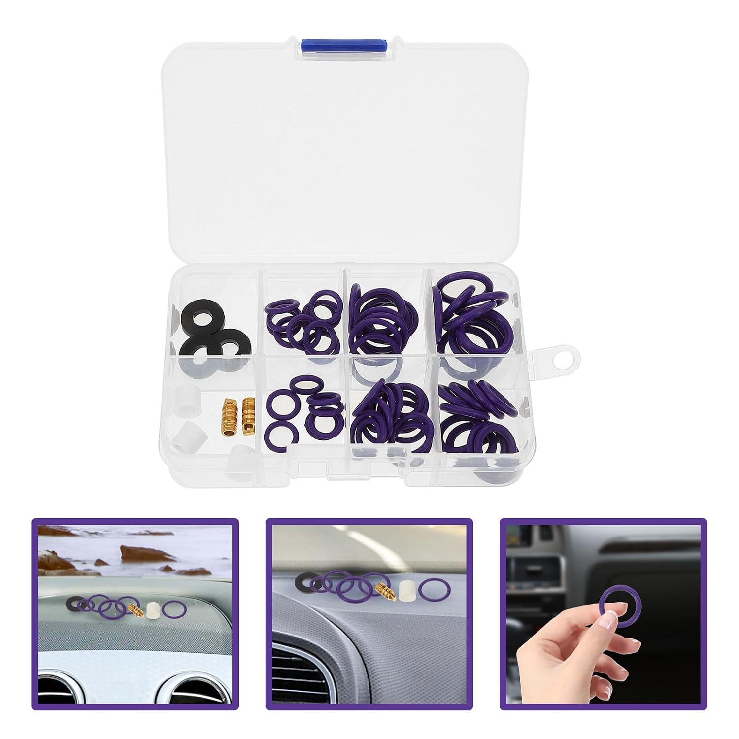 Automotive O-Ring Assortment Kit for Air Conditioning Systems, Rubber O Rings with 8 Grid Holder Box, Easy-to-use Installation, Solves Leak Problems, for Car Ac Repair