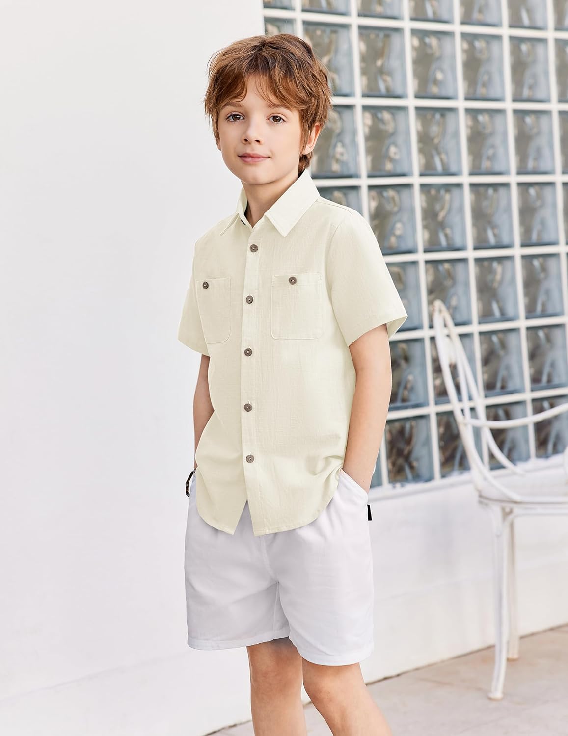 Arshiner Boys Short Sleeve Button Down Shirt Cotton Woven Casual Shirts with 2 Pockets for Kids 4-12 Years - Image 3