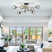 Vista 8 de Candelabro Sputnik de 6 Luces con Globo de Vidrio, Lámpara de Techo Moderna en Negro Mate y Oro, Lámpara Colgante Vintage para Sala de Estar