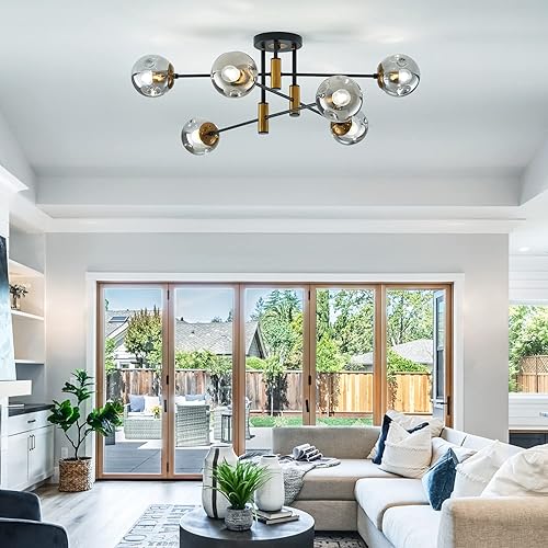 Miniatura 8 de Candelabro Sputnik de 6 luces con forma de globo de vidrio moderno mate negro y dorado, lámpara de techo vintage colgantes para casa de campo, sala