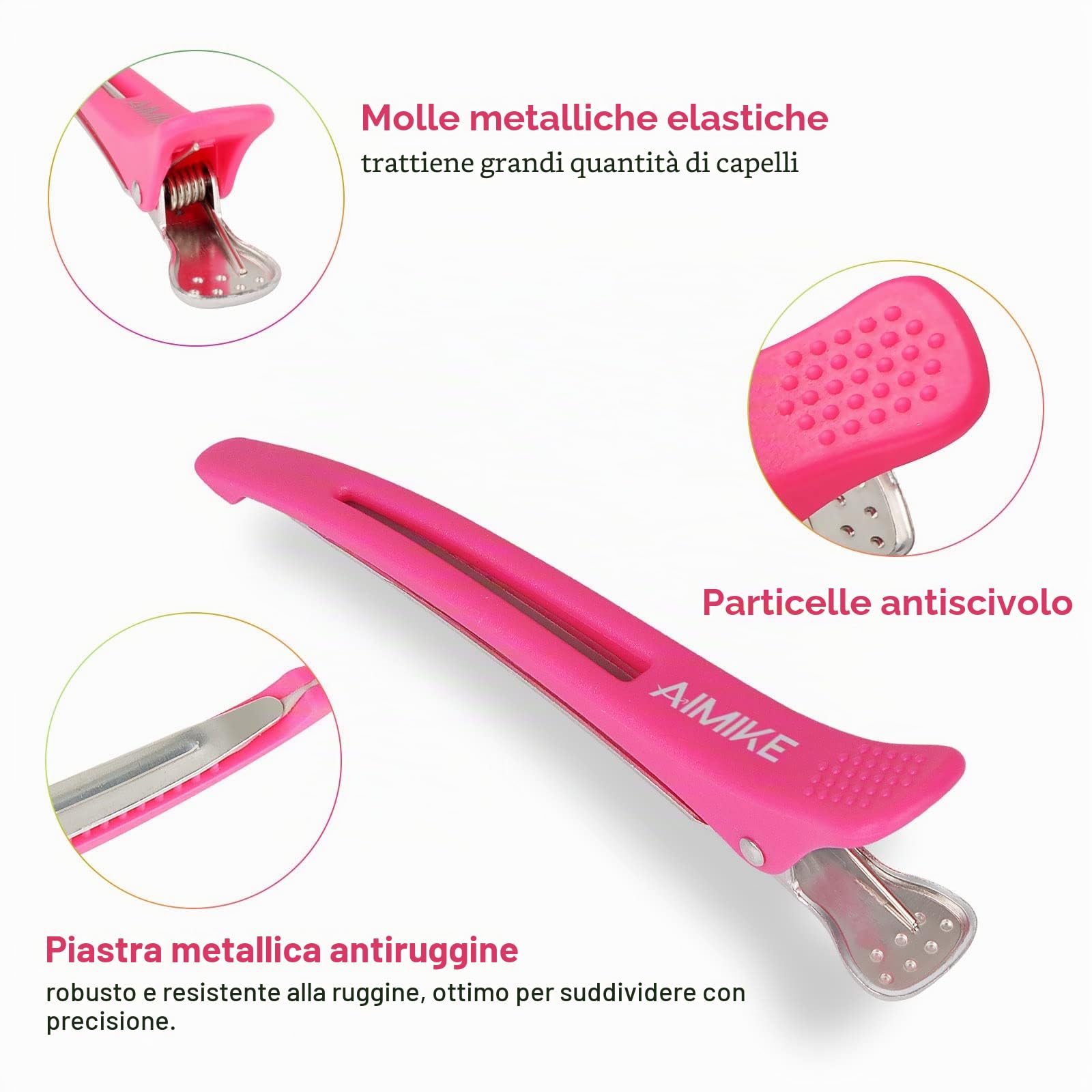 AIMIKE 12 Pezzi Fermagli per Capelli Professionali con Becco D'anatra e Fascia Silicone per Styling, Parrucchieri - Neon