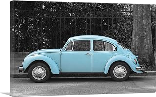 ARTCANVAS Blue Volkswagen Beetle Bug Vintage Car Canvas Art Print Stretched Framed Painting Picture Poster Giclee Wall Decor - 12" x 8" (0.75" Deep)