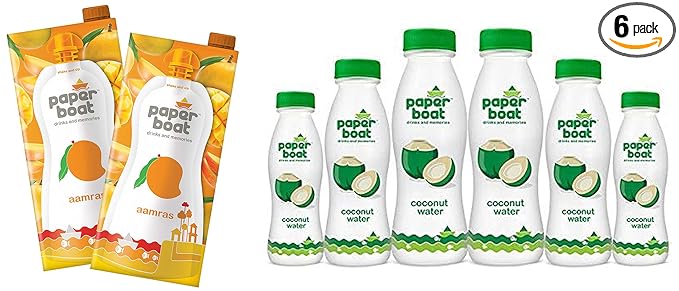 Paper Boat Aamras, Mango Fruit Juice, No Added Preservatives and Colours (Pack of 2, 1L Each) + Paper Boat Coconut Water, Refreshing Coconut Flavour, Vital Minerals (Pack of 6, 200ml Each)