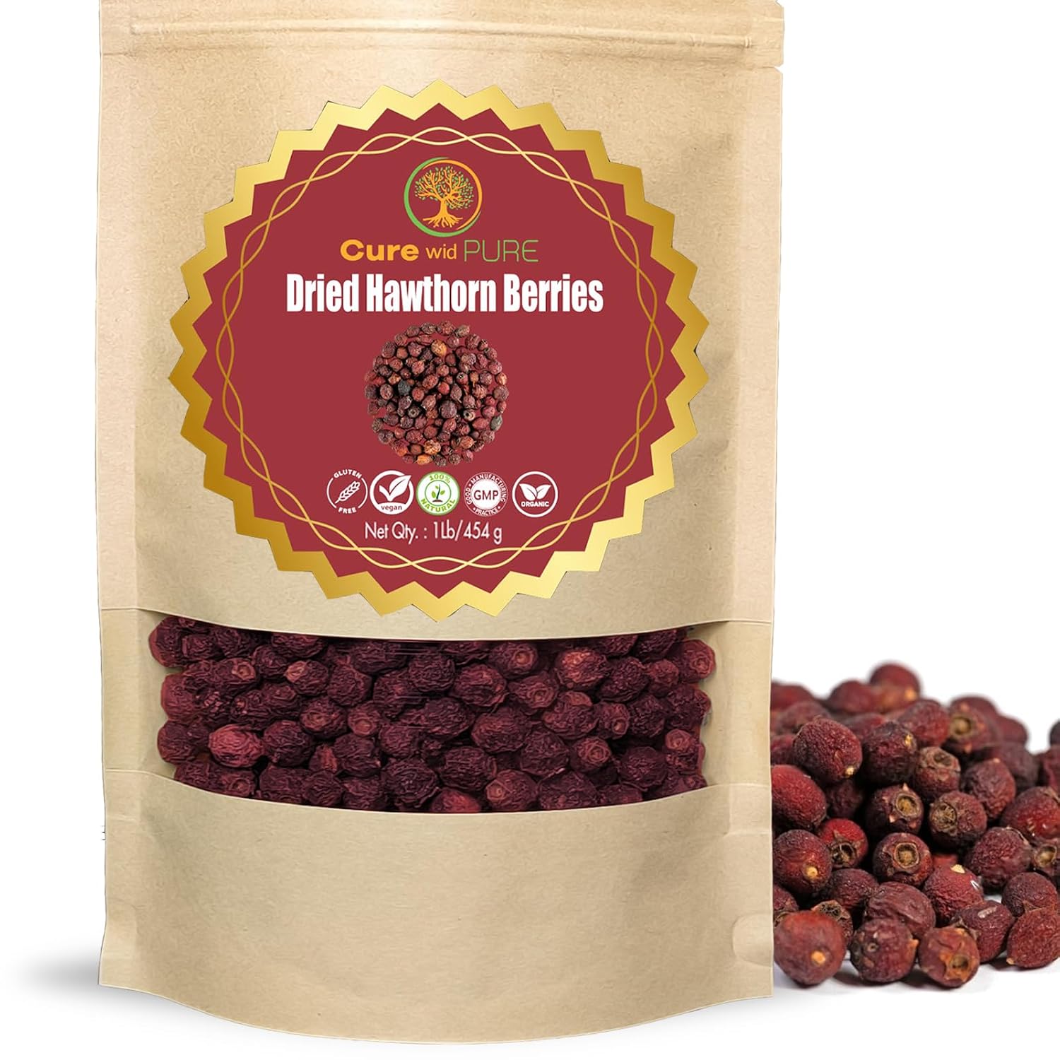 Cure wid Pure Organic Hawthorn Berry Tea 16oz | Non-GMO Caffeine-Free Hawthorne Berry Tea | Resealable Eco-Friendly Bag | Dried Hawthorn Berries For Heart Health,High Blood...