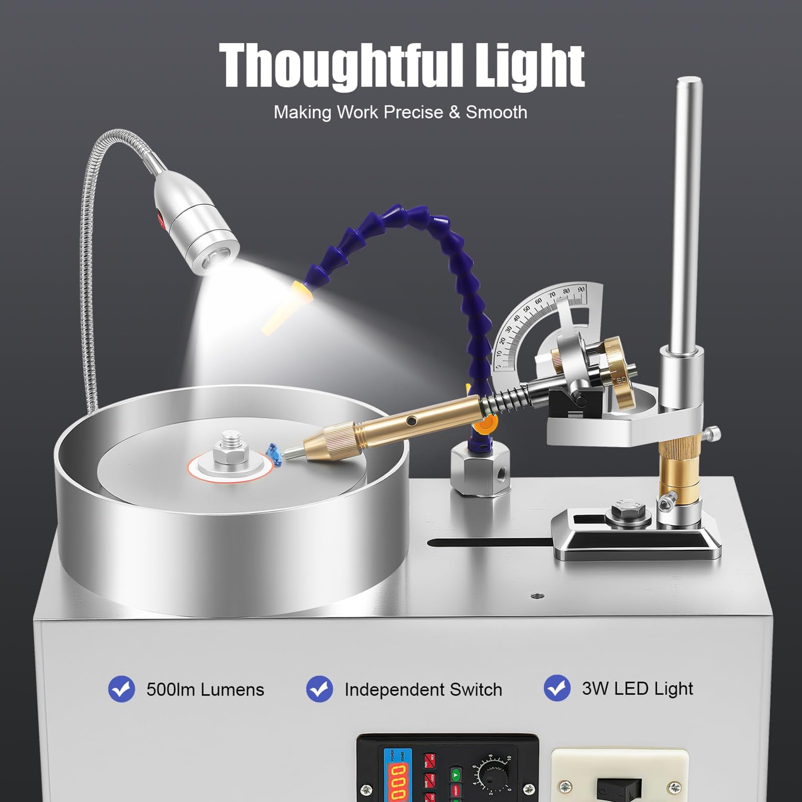 Machine à Polir Les Gemmes, Facetteuse de Précision, 180W Cuivre, 80 Nm, 0-2800 TR/Min, Roulements Silencieux, Éclairage, Écran Anti-Projection, pour Travail Propre, Bijouterie