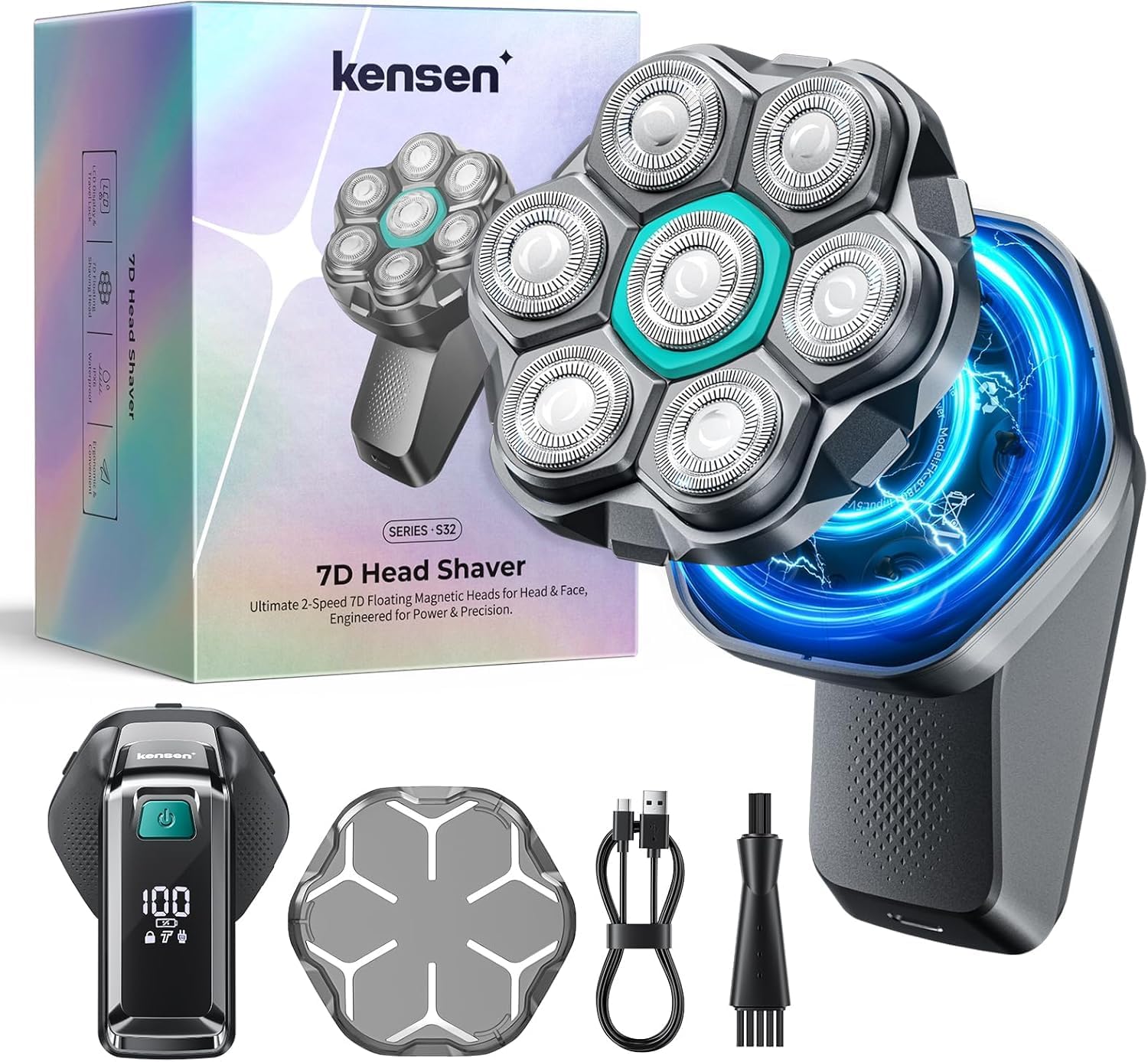 kensen 7D Head Shavers for Bald Men - Dual Speed Bald Head Shavers with LED Display, Electric Razor for Men IPX6 Waterproof Wet/Dry Shaving Head Razor Magnetic Head Balding Clippers for Men Black