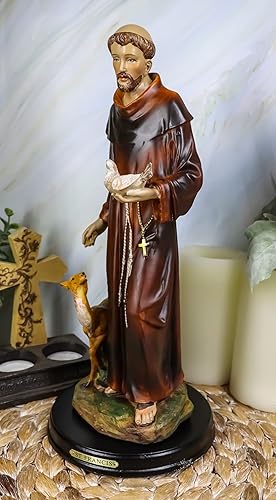 Miniatura 8 de Ebros Gift Santo Católico San Francisco de Asís con estatua de paloma y ciervo y placa de nombre de latón de 12.25 pulgadas de alto, monje dedicado,