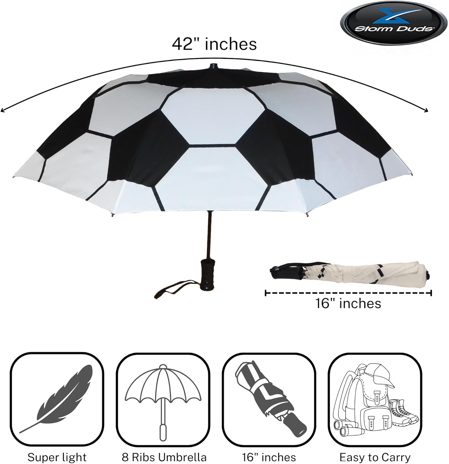 Storm Duds Ultra-Water Resistant Sport Umbrella - 42” Coverage w/Molded Handle and Wrist Strap - Flexible, Wind & Rust Resistant Folds to 16 Inches