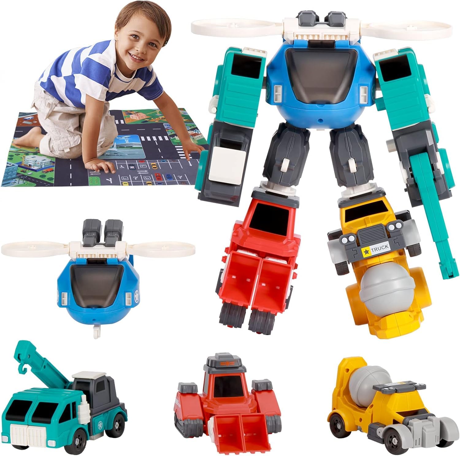 CuisinAid Transform Toys for 3 4 5 6 7 8 Year Old Boys, 32 Pieces Robot Toys for Kids, 4 Magnetic Construction Trucks Vehicles w/Play Mat, Holiday Birthday Gift for Boy Girl