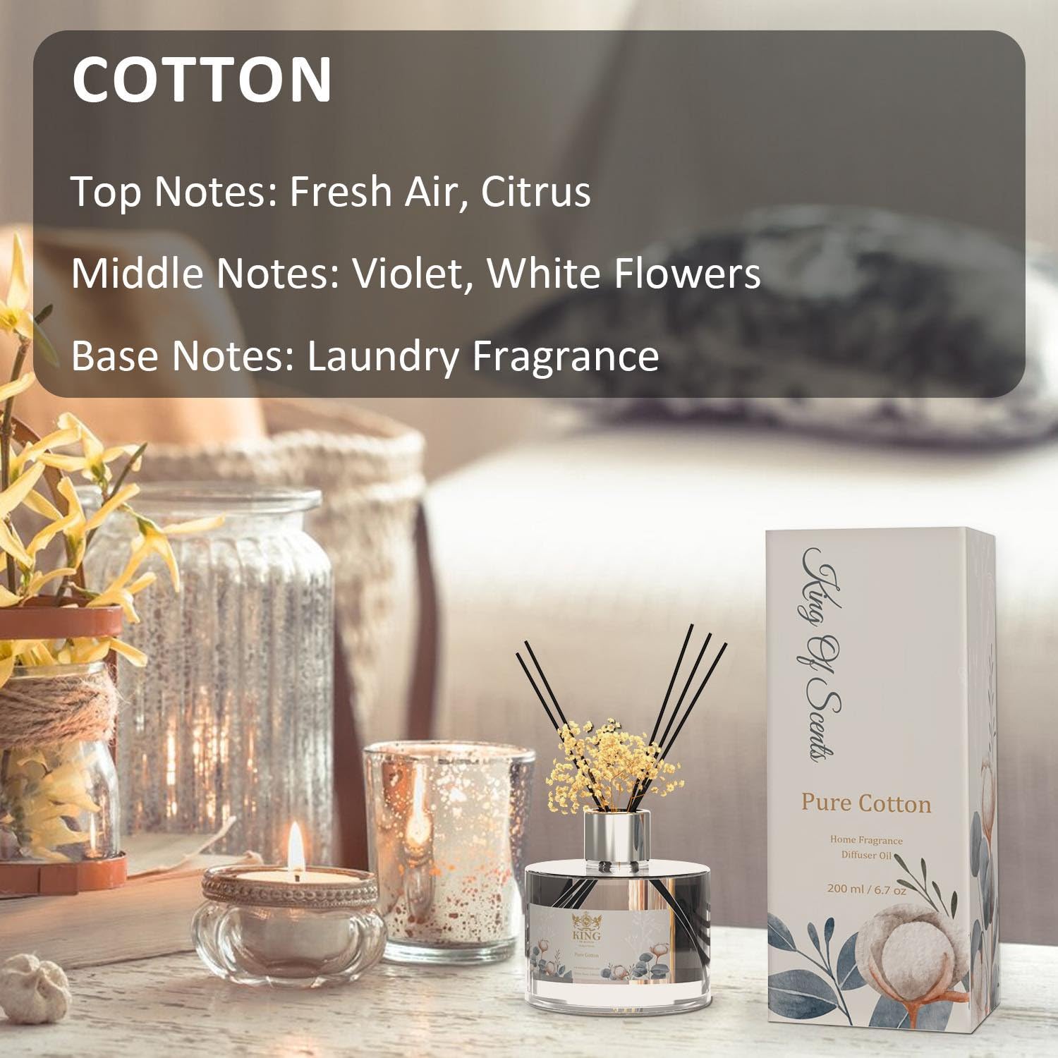 KING OF SCENTS Reed Diffuser (200ml) Pure Cotton Reed Diffuser Set, Aromatherapy, Home & Kitchen Decor, Fragrance and Gifts (Pack of 4)